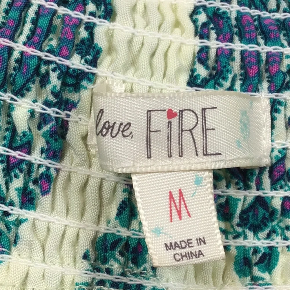 🦚 LOVE FIRE Smocked Off Shoulder Teal Cream Tassel Crochet Trim Dress Sz.M NWOT - Picture 3 of 11